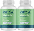 BESTVITE Vitamin K2 100 mcg as MK-7 (240 Vegetarian Capsules)(120x2) - No Stearates - Vegan - Non GMO - Gluten Free