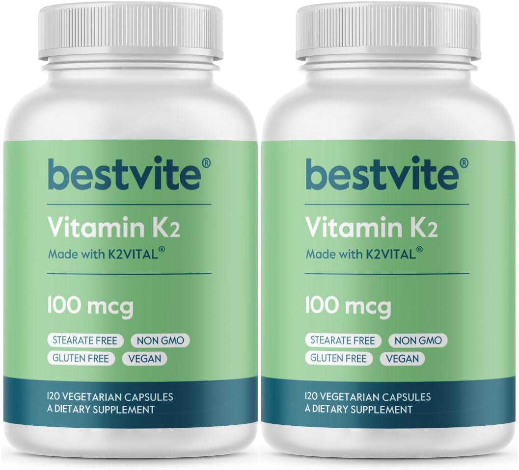 BESTVITE Vitamin K2 100 mcg as MK-7 (240 Vegetarian Capsules)(120x2) - No Stearates - Vegan - Non GMO - Gluten Free