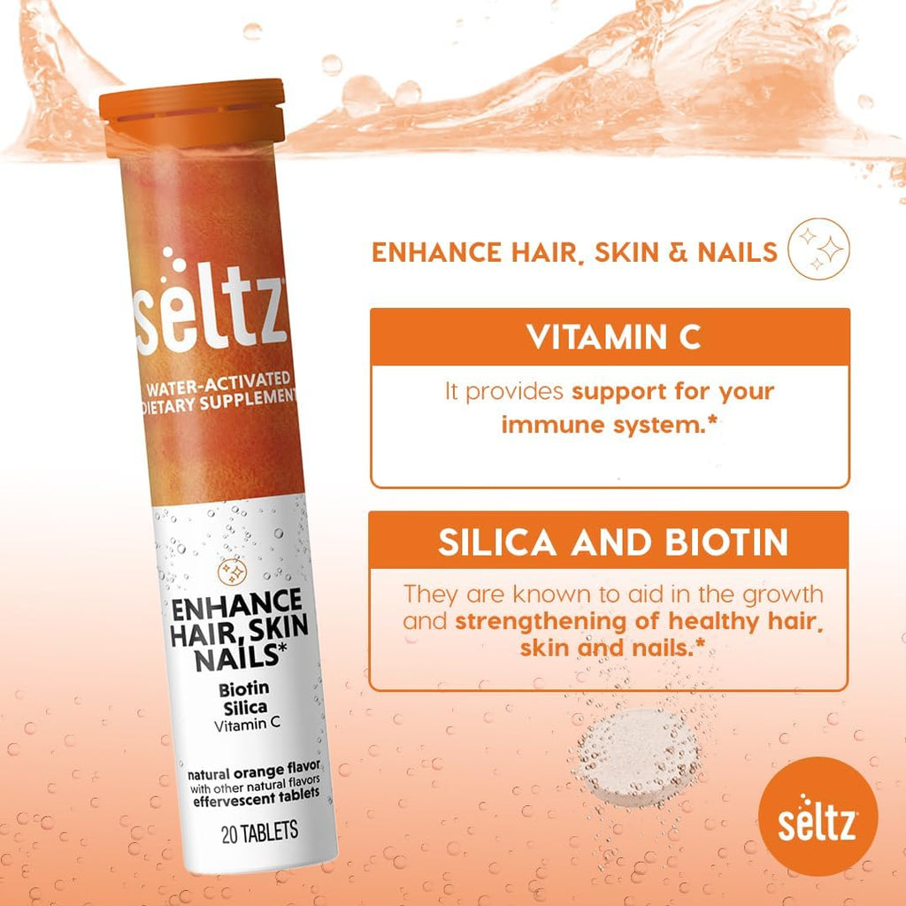 Seltz® Water-Activated Vitamins - Enhance Hair, Skin & Nails with Vitamin C, Silica, and Biotin – Natural Blood Orange Flavor Dietary Supplement - 1 Pack x 20 Effervescent Tablets