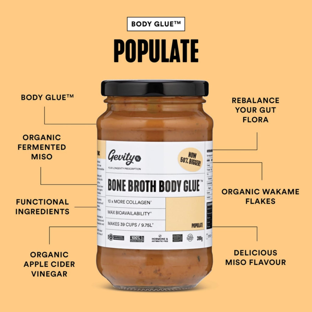 Gevity Rx Bone Broth Body Glue ® - POPULATE - Bone Broth - Concentrate - 10x more collagen* - 39 servings - Functional Ingredients - 100% Grass Fed Beef - 9.75 Litres 329 Fl. Oz."