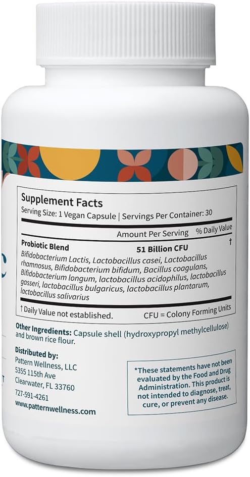 Pattern Wellness Probiotic Supplement - 51 Billion CFU - Supports Digestive Balance & Gut Wellness - Mindfully Sourced, Non-GMO - 60 Vegan Capsules