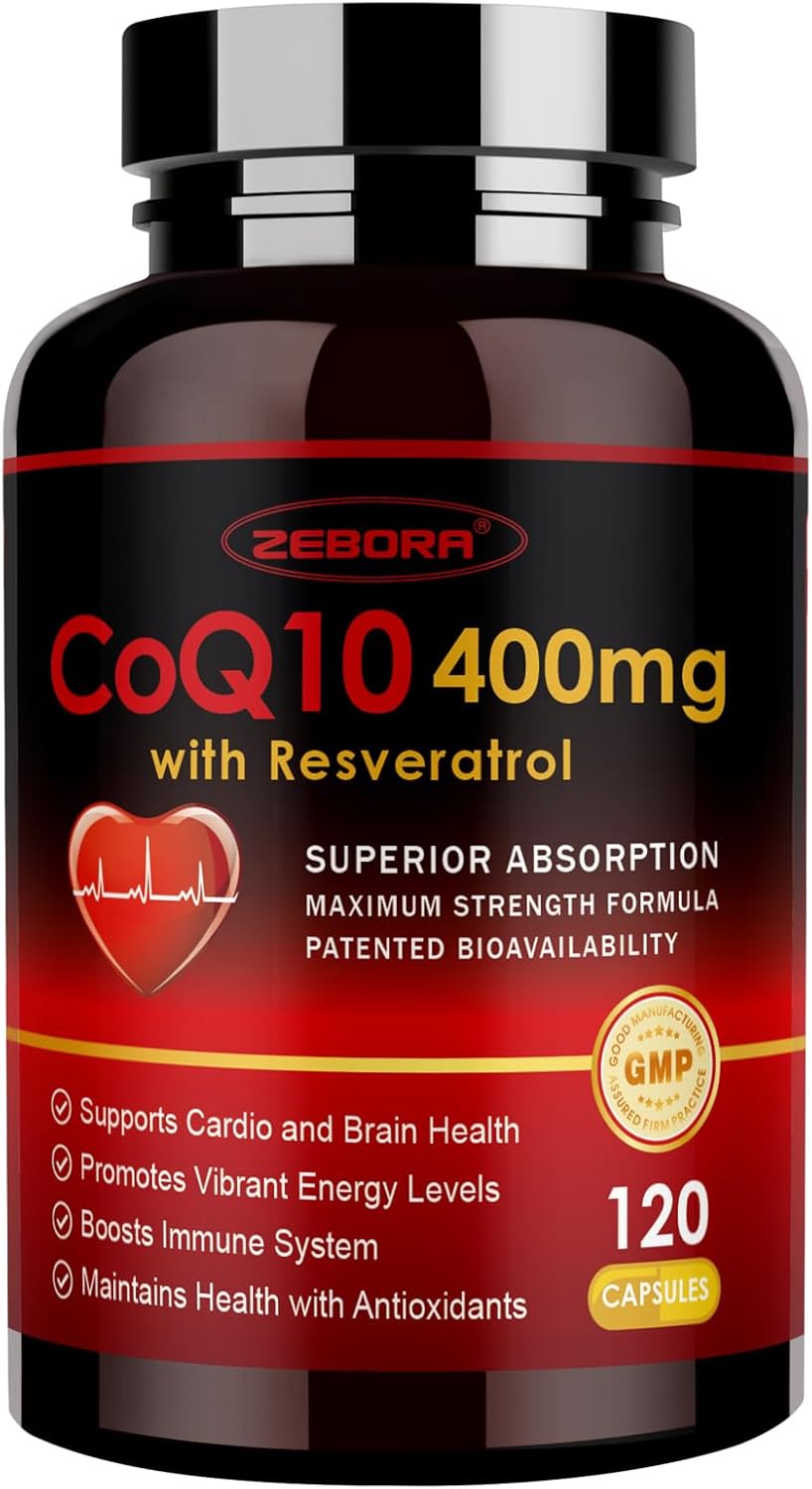 ZEBORA CoQ10-400mg with Trans-Resveratrol, PQQ & Vitamin E - High Absorption Coenzyme-Q10 with BioPerine - Powerful Antioxidant for Heart & Energy-Production,120 Veggie Capsules