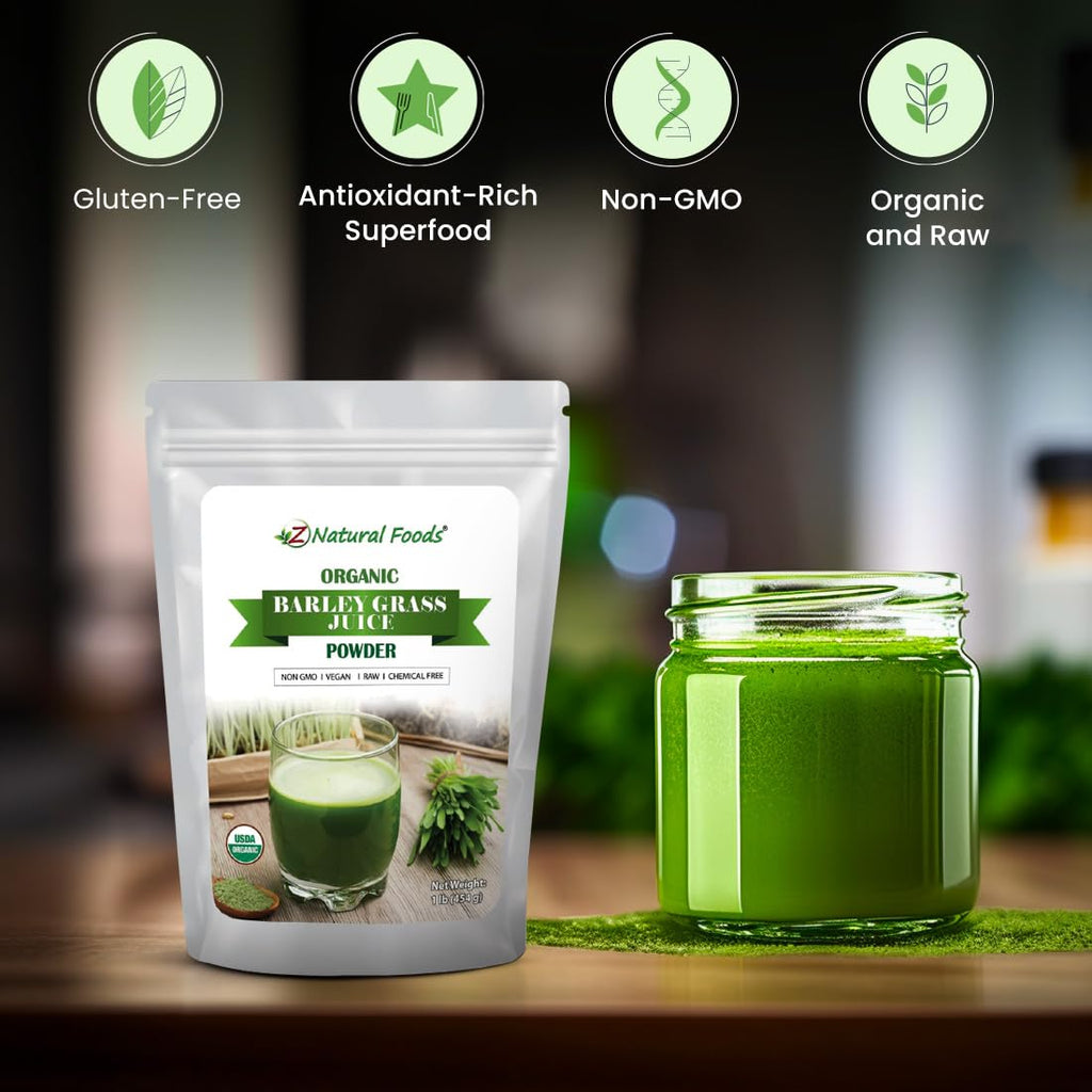 Z Natural Foods Organic Barley Grass Juice Powder - Made in USA, USDA Organic Nutrient-Dense Green Drink Mix for Energy, Detox with Amino Acids - Antioxidant Juice Blend for Water, Smoothies, 1 lb