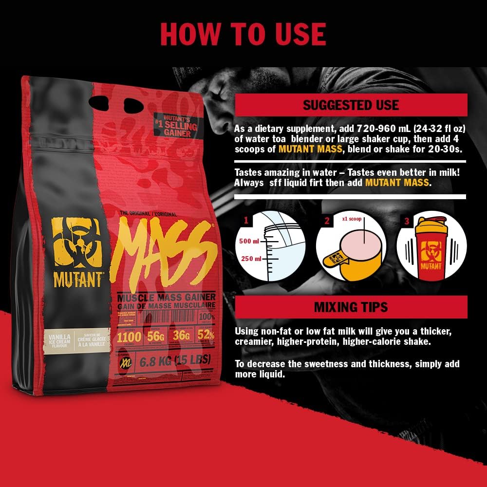 Mutant Mass Weight Gainer Protein Powder – Build Muscle Size and Strength with 1100 Calories – 56 g Protein – 26.1 g EAAs – 12.2 g of BCAAs – 15 lbs with 24 Servings – Cookies & Cream
