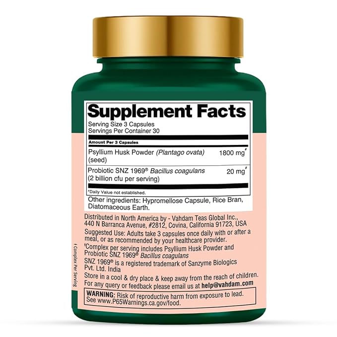 VAHDAM Psyllium Husk Capsules 1800 mg with Probiotics (2 Billion CFU) | Supports Digestion & Gut Health | 90 Veggie Capsules