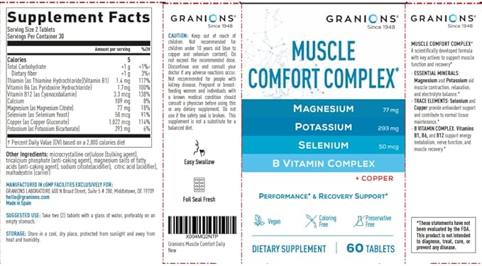 Granions Muscle Relaxer Pills Complex - Magnesium, Potassium, Selenium, Copper & B Vitamins Relaxant - Daily Comfort Supplement to Support Normal Muscle Function and Relaxation - 60 Tablets