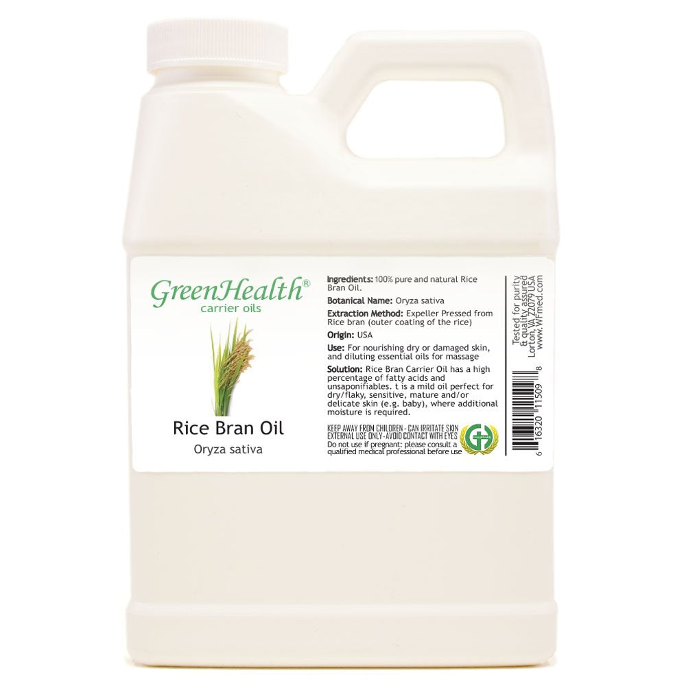 GreenHealth Rice Bran Carrier Oil – 100% Pure, Cold Pressed, 16 fl oz – White Plastic Jug for Skin, Hair, Massage & DIY Formulations