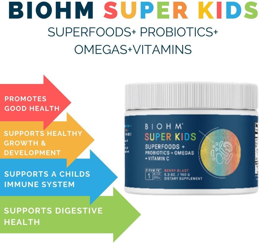 BIOHM Super Kids Superfood Powder Plus Probiotics, (5.3 Oz, 30 Servings) Delicious Berry Blast, Antioxidants, Omega 3 & Vitamin C, Non-GMO, Dairy Free, No Artificial Ingredients, Vegetarian, Ages 4+