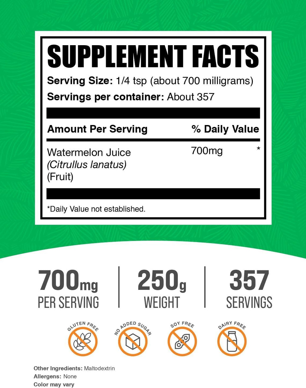 BulkSupplements.com Watermelon Juice Powder - from Watermelon Fruit, Fruit Powder, Hydation Supplement - 700mg per Serving, 250g (8.8 oz) (Pack of 1)