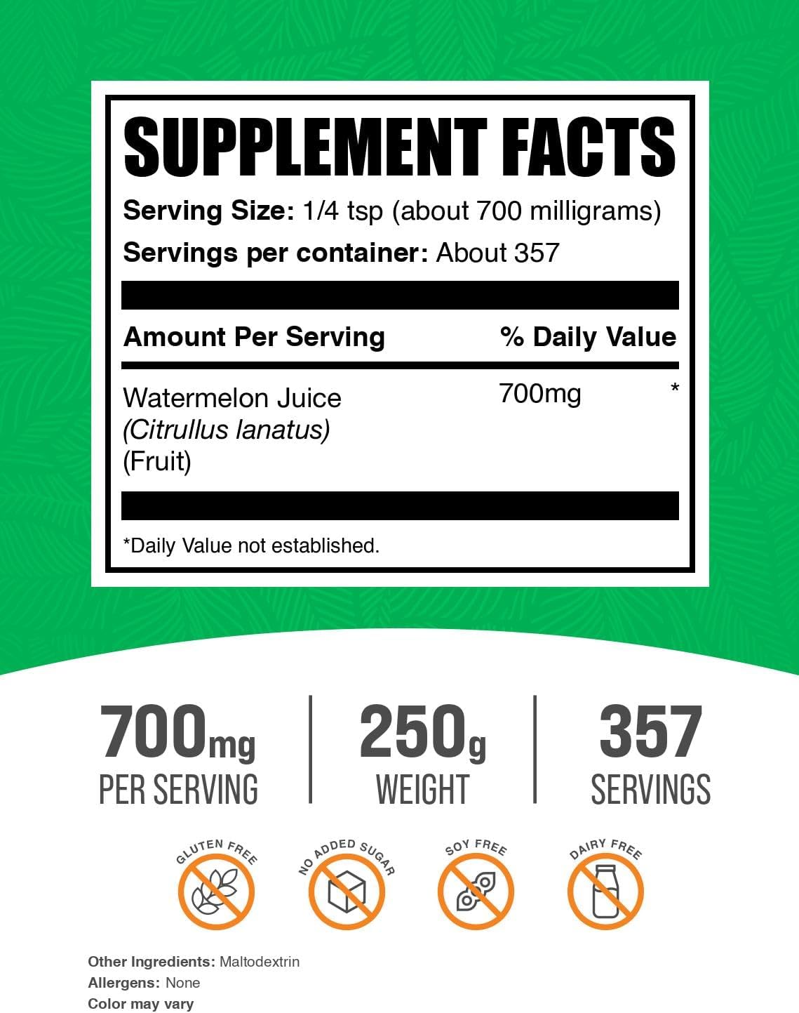 BulkSupplements.com Watermelon Juice Powder - from Watermelon Fruit, Fruit Powder, Hydation Supplement - 700mg per Serving, 250g (8.8 oz) (Pack of 1)