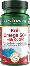 Krill Omega 50 Plus w/ CoQ10 from Purity Products - 1300mg Krill Oil and Fish Oil Blend - 100mg CoQ10 - 500mg Natural Astaxanthin - Support for Joint, Brain Health and more - 60 Mini Softgels