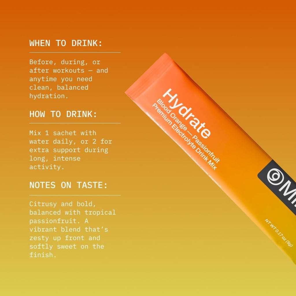 Mikra Hydrate Electrolytes Powder Packets, Sugar Free Hydration Powder Sticks, Electrolyte Drink Mix for Needed Hydration Support, Daily Wellness and Workout, Blood Orange Passionfruit, 24 Pack