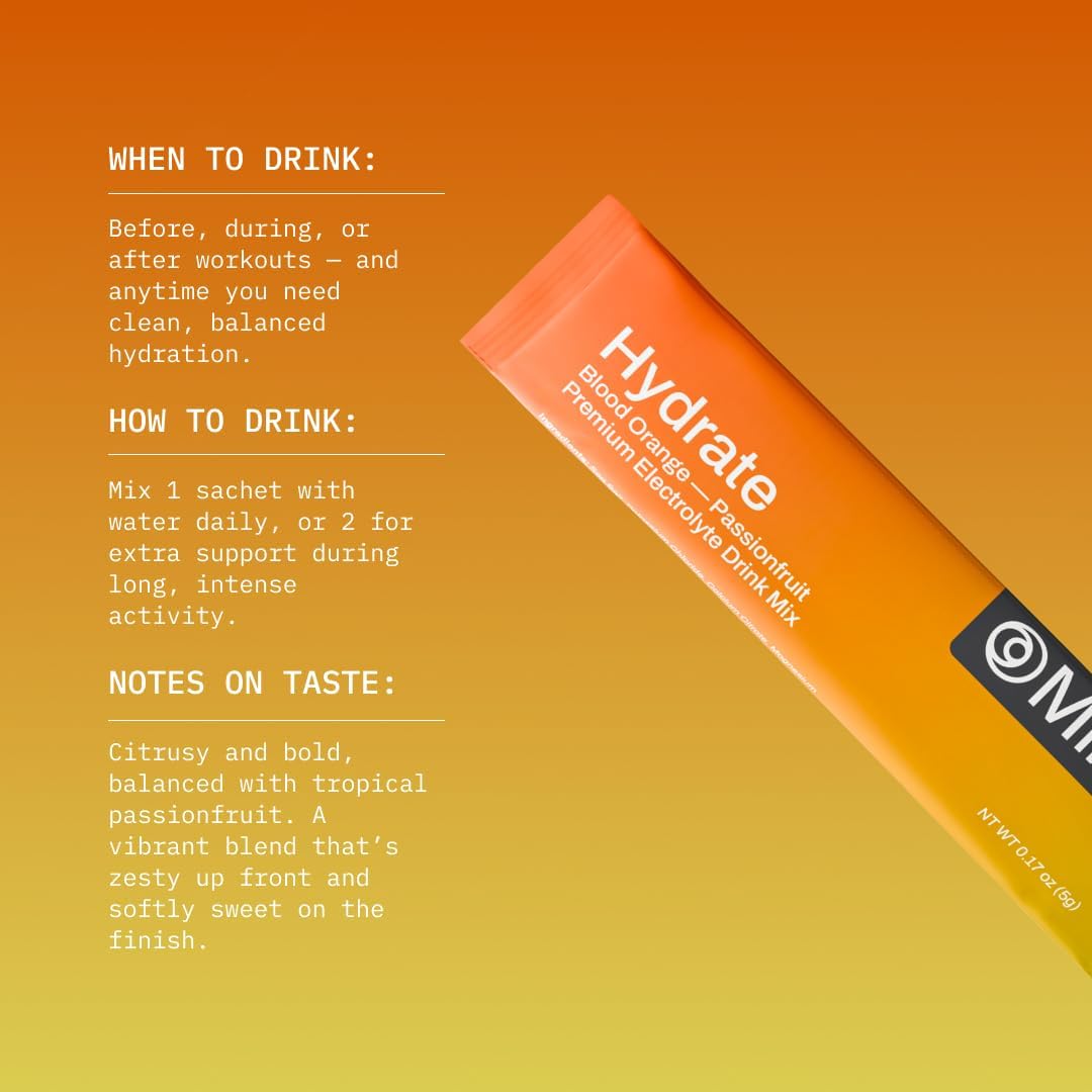Mikra Hydrate Electrolytes Powder Packets, Sugar Free Hydration Powder Sticks, Electrolyte Drink Mix for Needed Hydration Support, Daily Wellness and Workout, Blood Orange Passionfruit, 24 Pack
