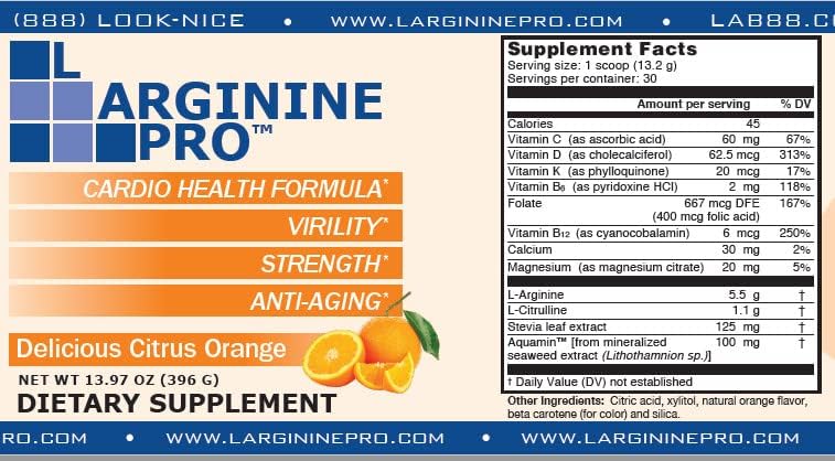 L-ARGININE PRO | 5,500mg L-Arginine Plus L-Citrulline 1,100mg Orange Powder Drink Mix Supplement for Increased Nitric Oxide Production