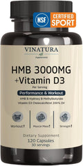 HMB 3000mg and Vitamin D3 Supplement Capsules per Serving *USA Made & Tested* Promotes Muscle Growth & Recovery - HMB Supplement and Vitamin D3 (1600 IU) - 120 Capsules 30 Servings