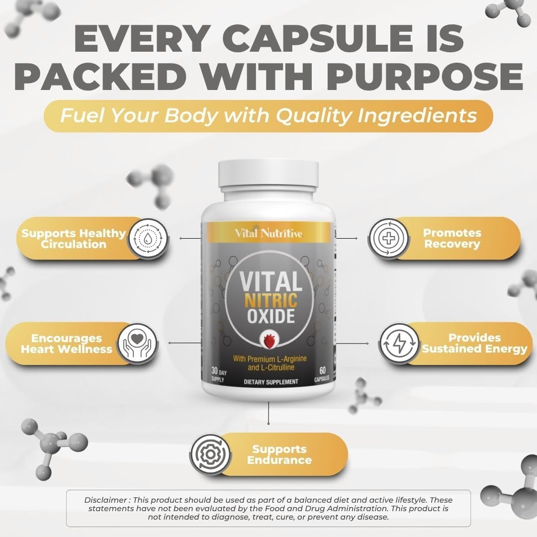 Vital Nitric Oxide Supplements for Men - Workout Booster Supplement for Men - Nitrous Oxide Boost Blood Flow, Blood Pressure, Energy & Workout Performance with L Arginine L Citruline-30 Days Supply