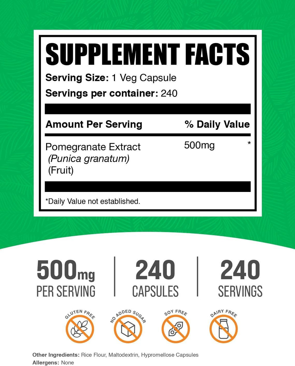BulkSupplements.com Pomegranate Extract Capsules - Pomegranate Supplement, Antioxidant Supplement - Vegan & Gluten Free, 1 Capsule per Serving, 240 Veg Capsules (Pack of 1)