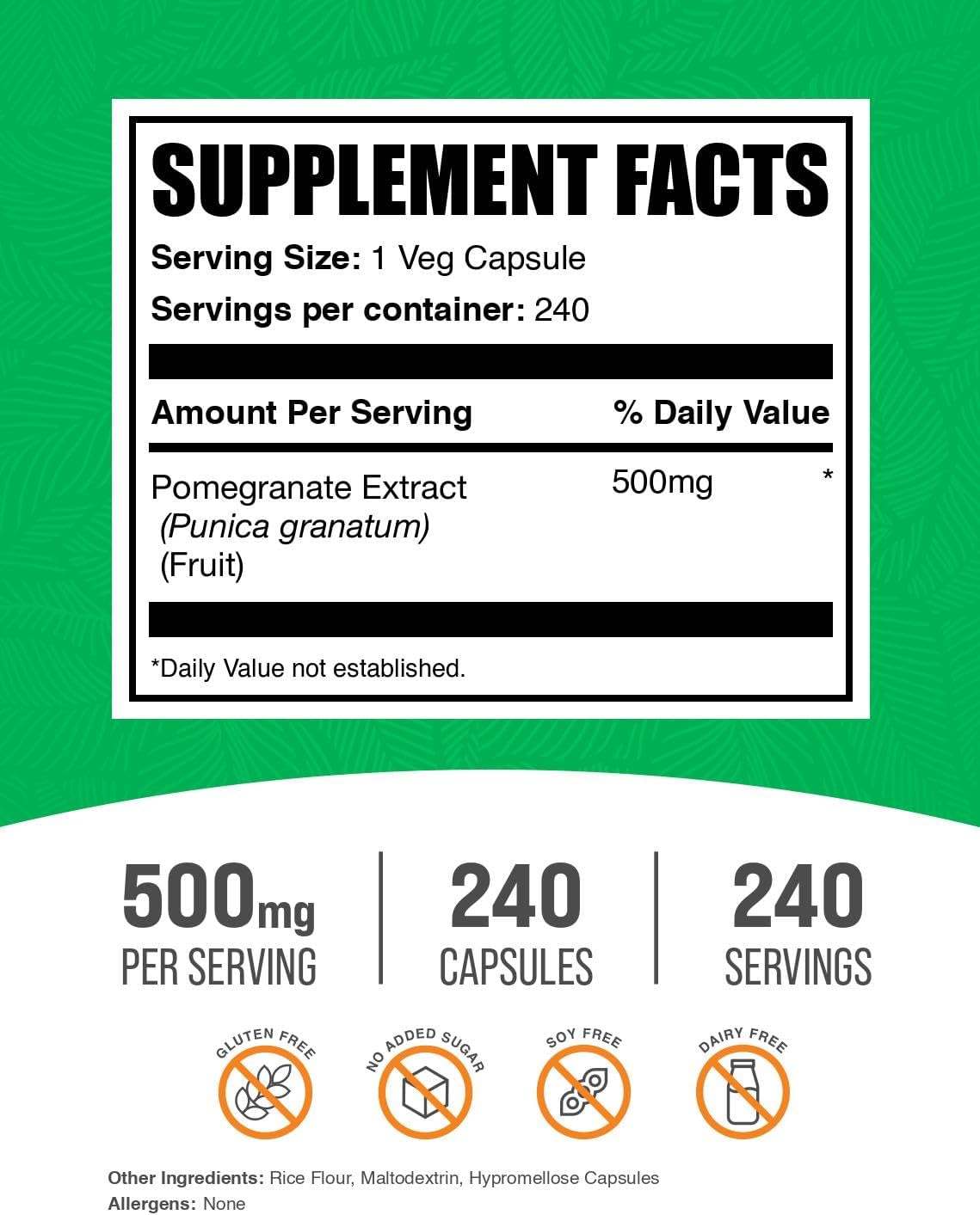 BulkSupplements.com Pomegranate Extract Capsules - Pomegranate Supplement, Antioxidant Supplement - Vegan & Gluten Free, 1 Capsule per Serving, 240 Veg Capsules (Pack of 1)