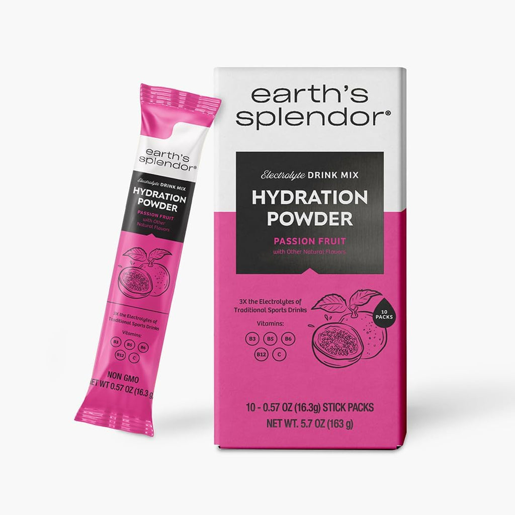 Earth’s Splendor Electrolytes Powder Packets Passion Fruit Hydration Drink Mix Sticks with Essential Vitamins for Energy & Sports Performance Travel-Friendly Single-Serve Packets for Daily Use 10 Pack