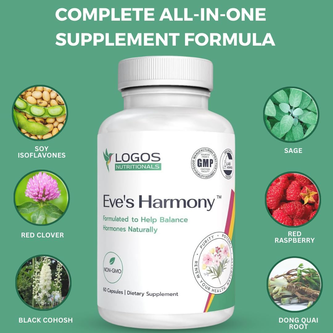 Eve's Harmony Menopause Supplement, Hormone Support for Women with Soy Isoflavones, Black Cohosh & Red Raspberry, Non-GMO Natural PMS & Menopausal Symptom Support, 60 Capsules