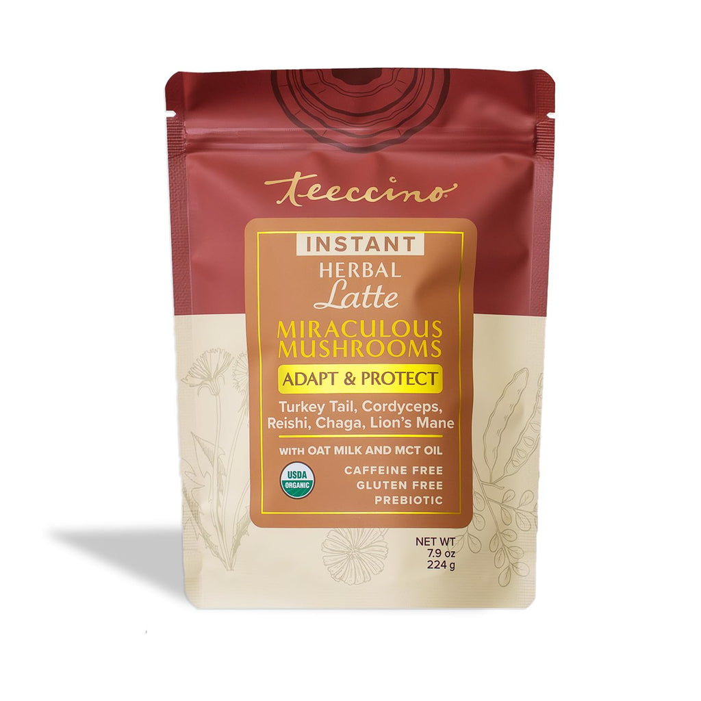 Miraculous Mushrooms Instant Adapt & Protect Herbal Latte By Teeccino – 16 servings -  Creamy Oat & Coconut Latte with Microground Herbs plus Reishi, Lion’s Mane, Chaga, Turkey Tail, Cordyceps - Caffeine Free, Prebiotic – 7.9 ounces