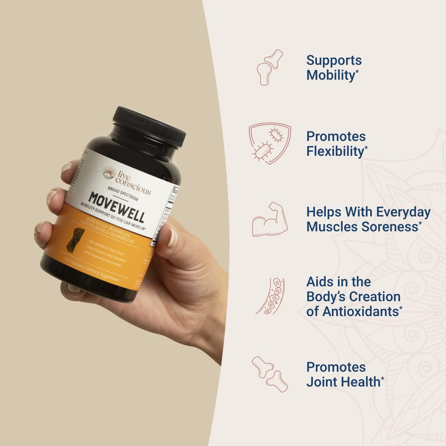 MoveWell by LiveConscious Glucosamine Chondroitin with MSM, Hyaluronic Acid, and More | Joint Health Supplement (2-Pack)