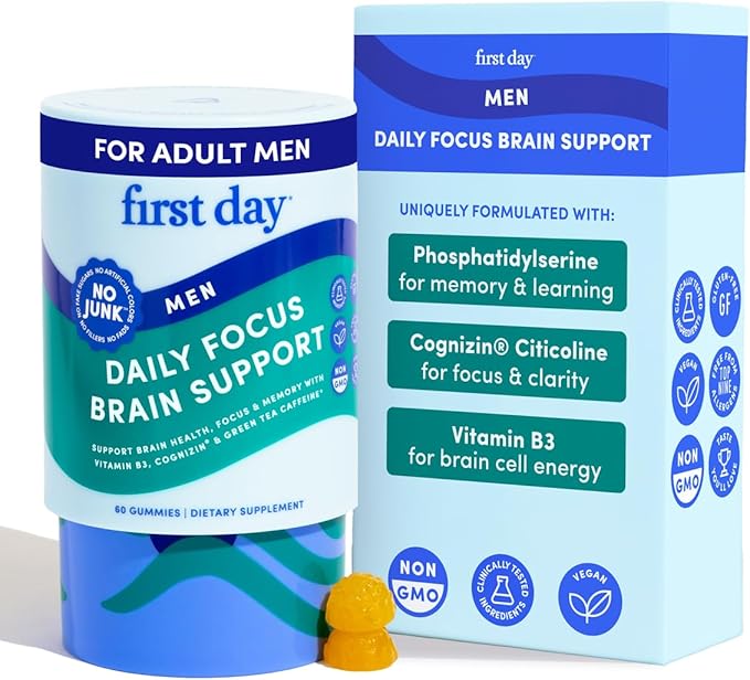 FIRST DAY Men’s Daily Nootropic Brain Supplement Gummies for Focus, Memory & Mental Energy | with Cognizin® Citicoline, Phosphatidylserine & Natural Caffeine | Vegan, Allergen-Free | 30-Day Supply