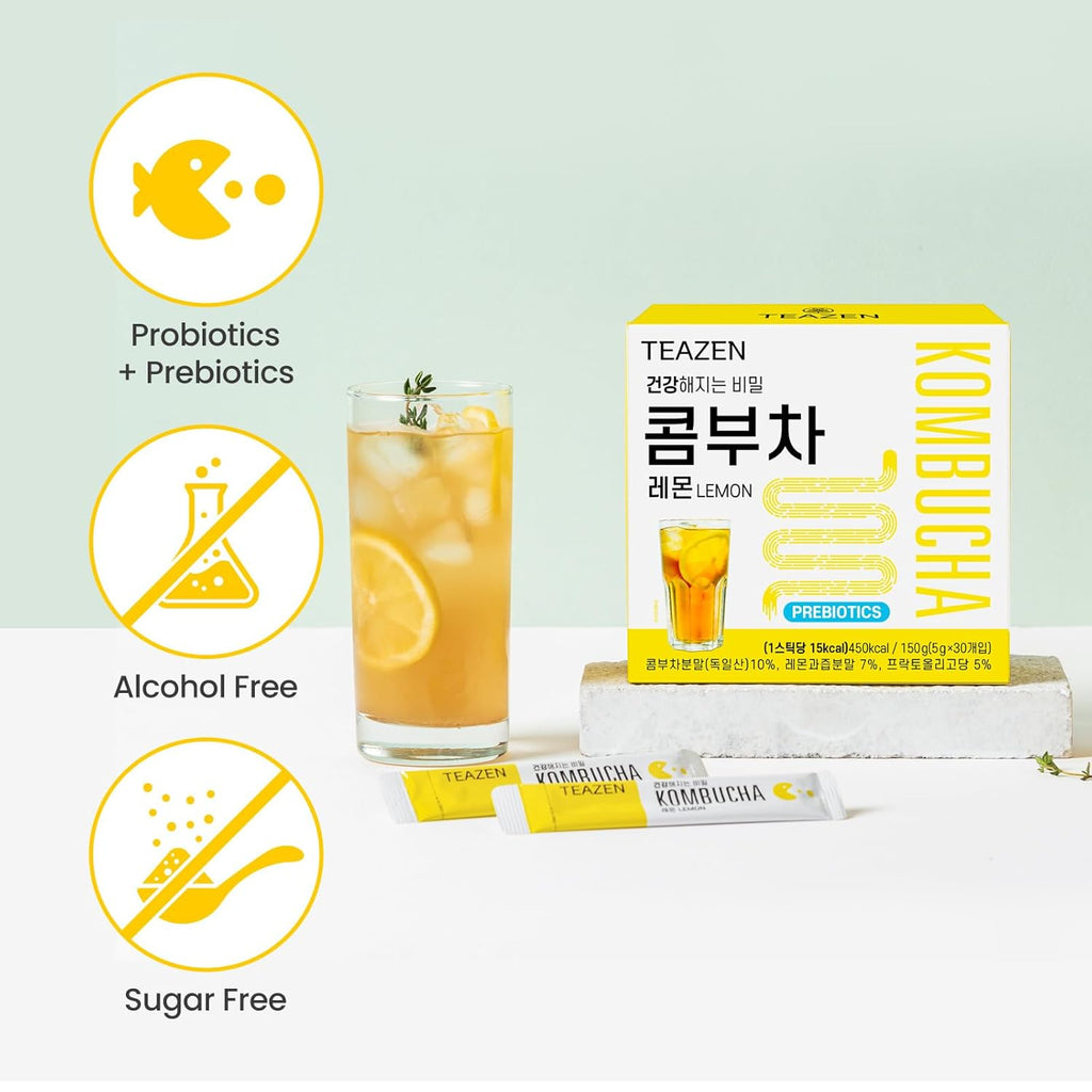 TEAZEN Lemon Kombucha Tea, Hydration Drink Mix, Sugar Free, Live Probiotics & Prebiotics, 30 Sticks, 5.29oz