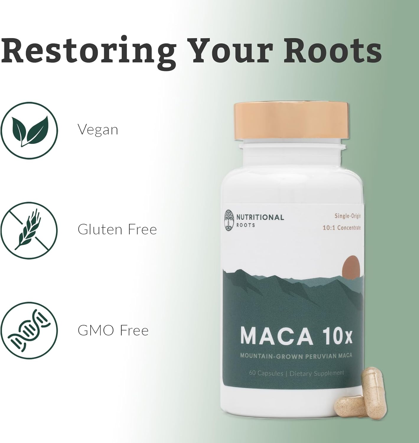 Maca Root Capsules: Peruvian Maca 10x, Made with Organic Maca Powder (Lepidum meyennii), 10:1 Concentration, Single-Origin, Vegan, Gelatinized Maca Supplement, 60 ct.