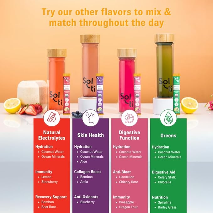 Organic Electrolytes + Hydration Drink Mix, Superfood Hydration Sticks, SuperStix by Sol-ti, Non-GMO, Vegan, Strawberry Lemon, 14 Single-Serving Sticks