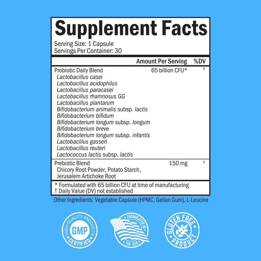 Probiotic 65 Billion - Probiotics with Prebiotic for Women & Men - Lactobacillus Acidophilus Digestive Health Capsules - Targeted Release Technology - Shelf Stable Supplement Non-GMO Dairy Free-30ct