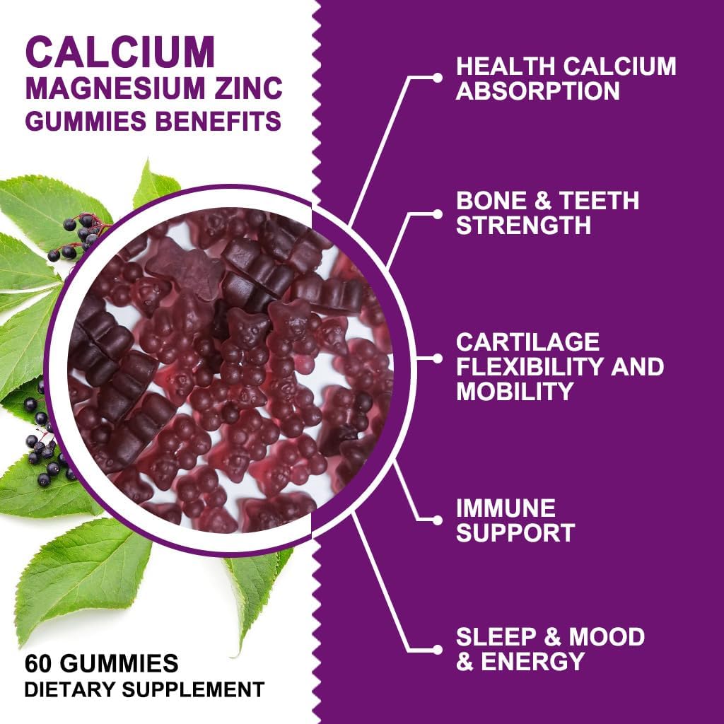 Calcium Magnesium Zinc Gummies with High Absorption Magnesium Glycinate Potassium - Plant Complex Calcium Magnesium 2:1 Ratio, with D3 Sea Moss for Bone, Muscles, Immune & Sleep Support, Vegan-3 Pack