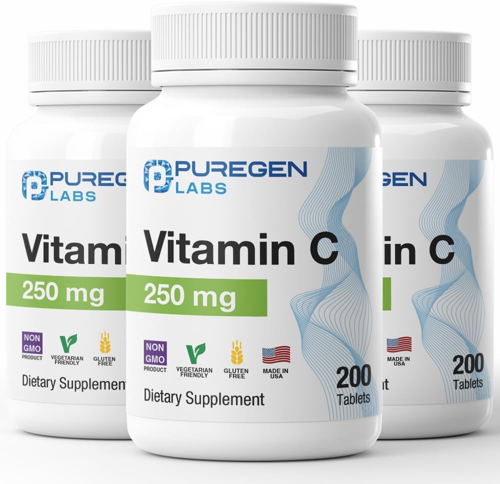 Puregen Labs Vitamin C 250 MG - Total 600 Tablets Supports a Healthy Immune System & Antioxidant Protection | Non-GMO | Gluten Free | Made in USA - 3 Pack