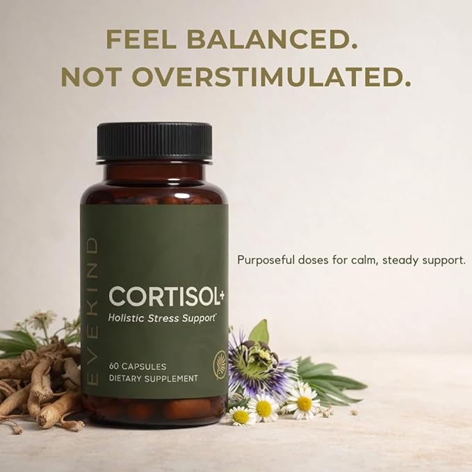 EVEKIND Cortisol Manager + Women’s Stress Relief & Hormone Balance Supplement – Adrenal Support for Mood, Focus & Energy – KSM-66® Ashwagandha, Rhodiola, L-Theanine – Vegan, Non-GMO, 60 Capsules