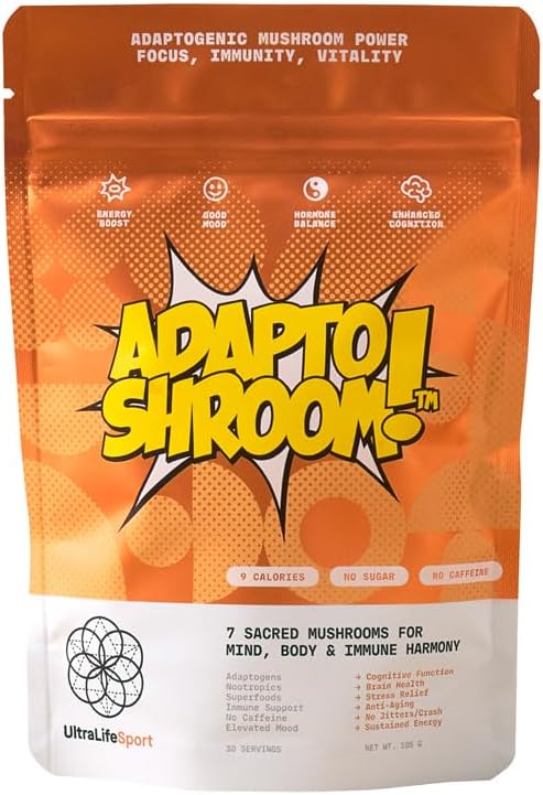 Ultra Life Sport - AdaptoShroom 7 Adpatogenic Mushrooms - USDA Organic Mushroom Supplement - Cordyceps, Lion’s Mane, Chaga, Turkey Tail, Maitake, Shiitake, & Reishi - Immunity Support Adaptogen Drink