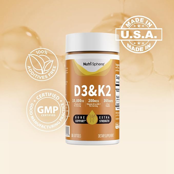 NutriSphere Vitamin D3 & K2 (MK-7) - 10,000 IU + 200 mcg Supplement D&K, Easy to Swallow, Supports Calcium Absorption - 365 Softgels (1 Year Supply)