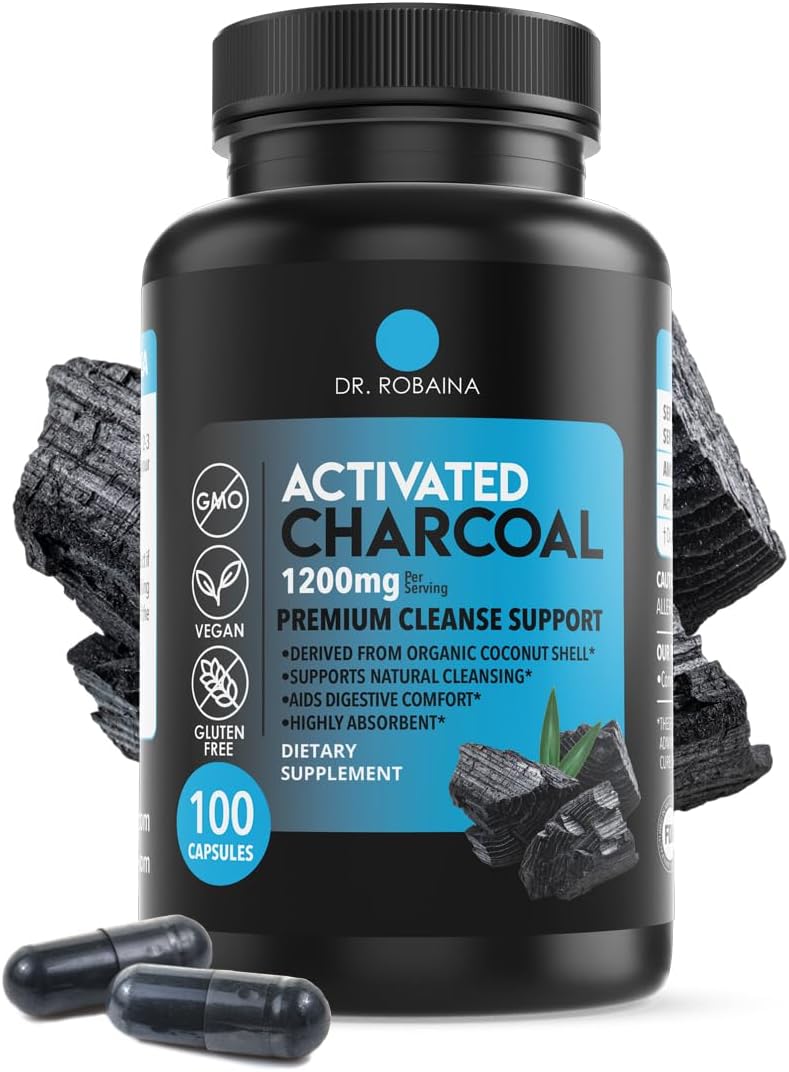 Dr. Robaina Activated Charcoal Capsules 1200 mg – Coconut-Shell Carbon for Gas & Bloating Relief, Digestive Comfort & Next-Morning Support – Vegan • Non-GMO – 100 Count, USA Made