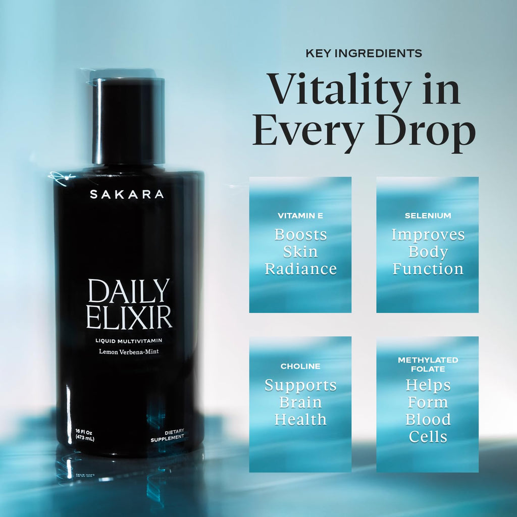 SAKARA Daily Elixir Liquid Multivitamin - Essential Nutrients for Radiant Skin & Cognitive Health - Plant-Based Bioavailable Formula with Vitamin E & Selenium - Sugar-Free Lemon Verbena-Mint, 16 fl oz