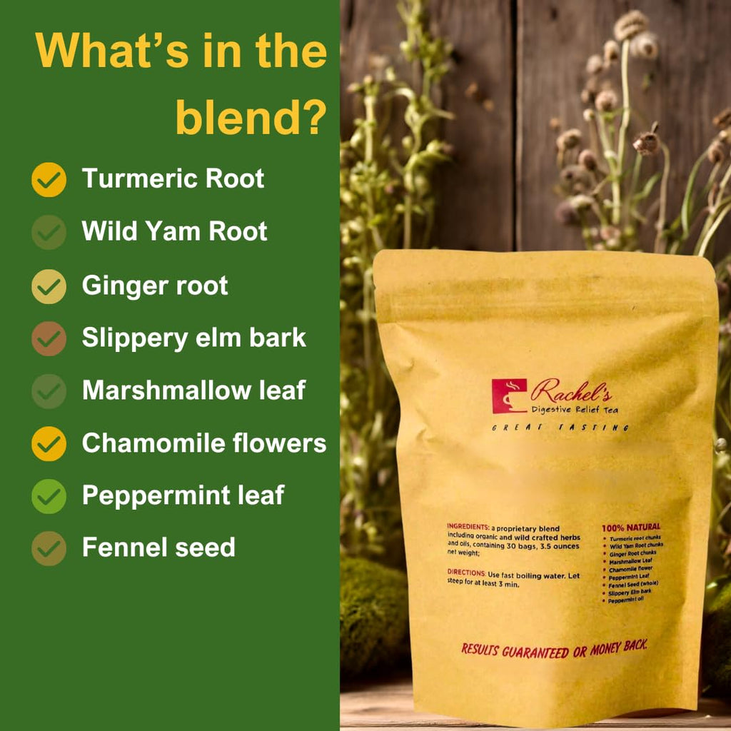 Rachel's Tea: Turmeric, Wild Yam, Ginger, Marshmallow, Chamomile, Peppermint, Fennel, Slippery Elm: 30 bags, 60 cups