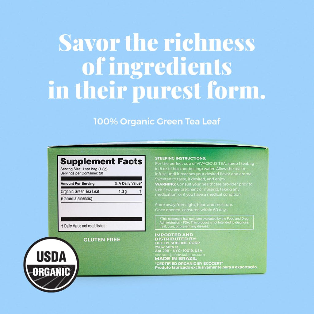 Life by Sublime - Vivacious USDA Organic Green Tea, 20 Tea Bags, Caffeinated, Antioxidant-Rich, Supports Skin Health and Immune System, Less Bitter, Premium Brazilian Harvest