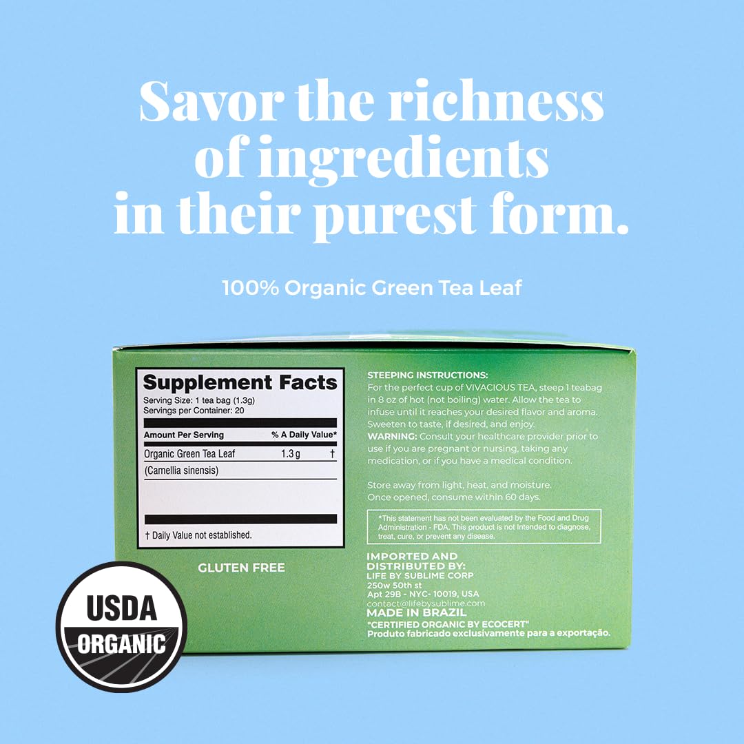 Life by Sublime - Vivacious USDA Organic Green Tea, 20 Tea Bags, Caffeinated, Antioxidant-Rich, Supports Skin Health and Immune System, Less Bitter, Premium Brazilian Harvest