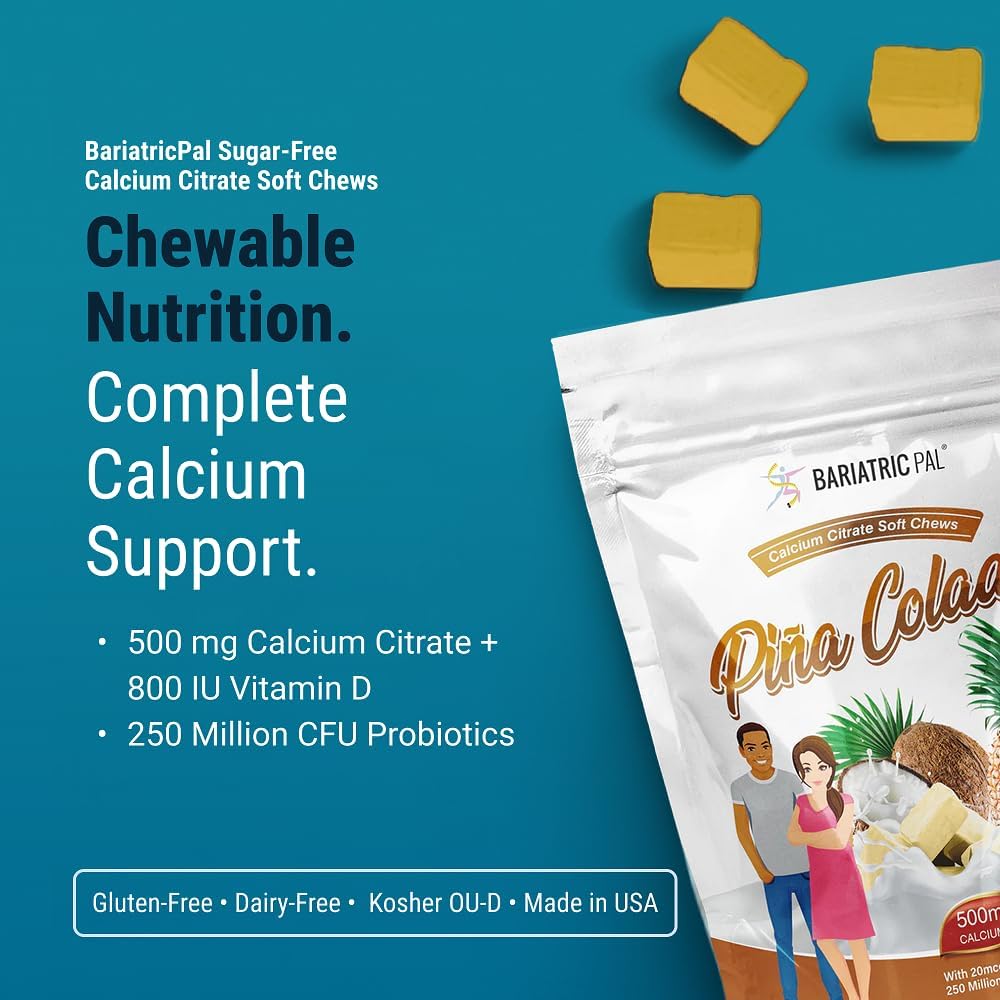 BariatricPal Sugar-Free Calcium Citrate Soft Chews | 500mg with Vitamin D & Probiotics | Piña Colada | 90 Count (1 Month Supply)