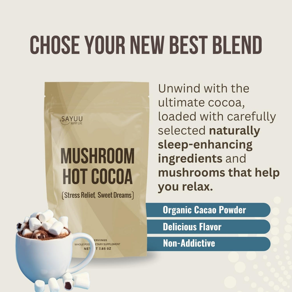 SAYUU Mushroom Coffee Hot Cocoa Mix –Instant Coffee Blend Enriched with Reishi, L-Theanine, Melatonin, Rich Cacao Flavor, Gut & Immune Health Support, Quick & Easy Bedtime Drink - 20 Servings