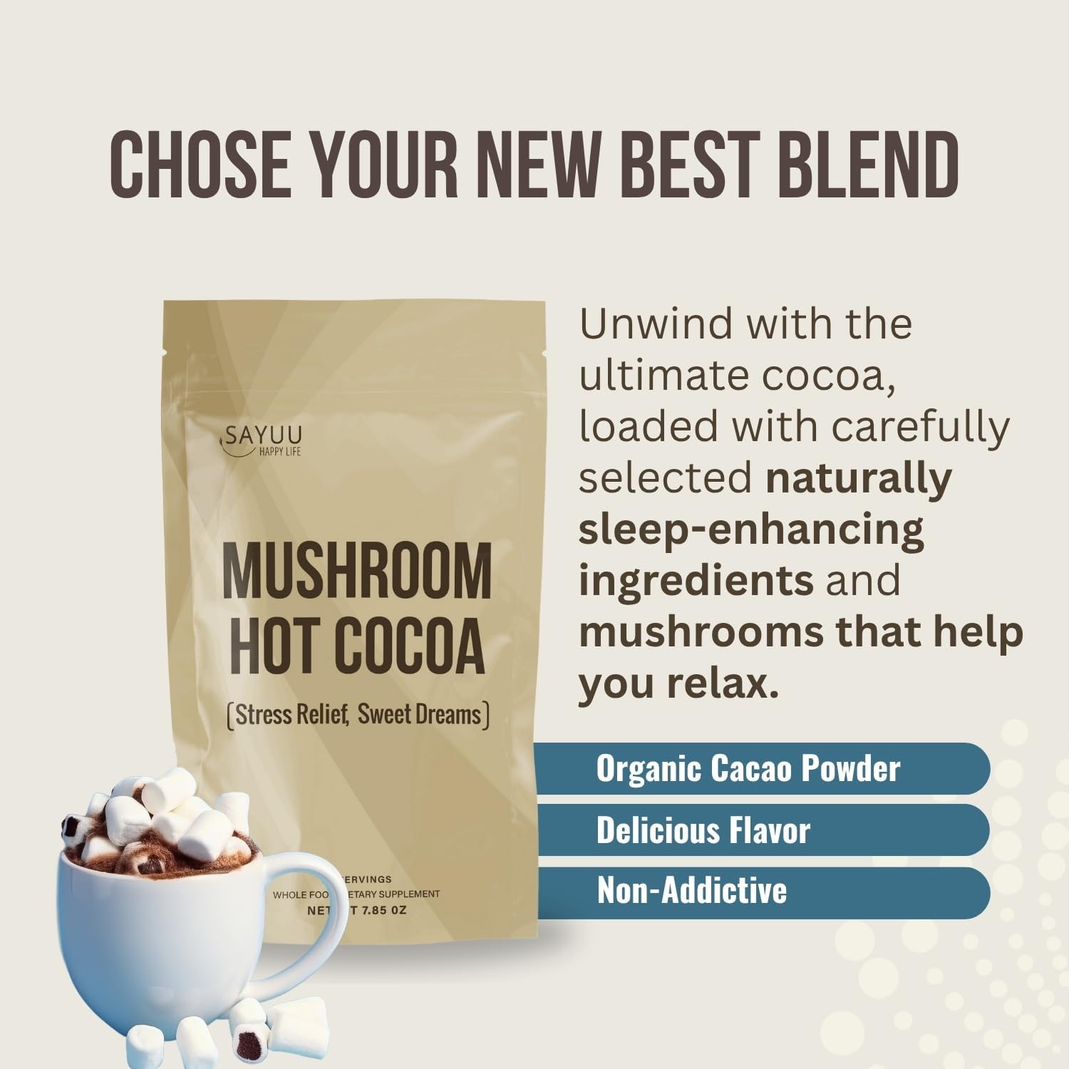 SAYUU Mushroom Coffee Hot Cocoa Mix –Instant Coffee Blend Enriched with Reishi, L-Theanine, Melatonin, Rich Cacao Flavor, Gut & Immune Health Support, Quick & Easy Bedtime Drink - 20 Servings