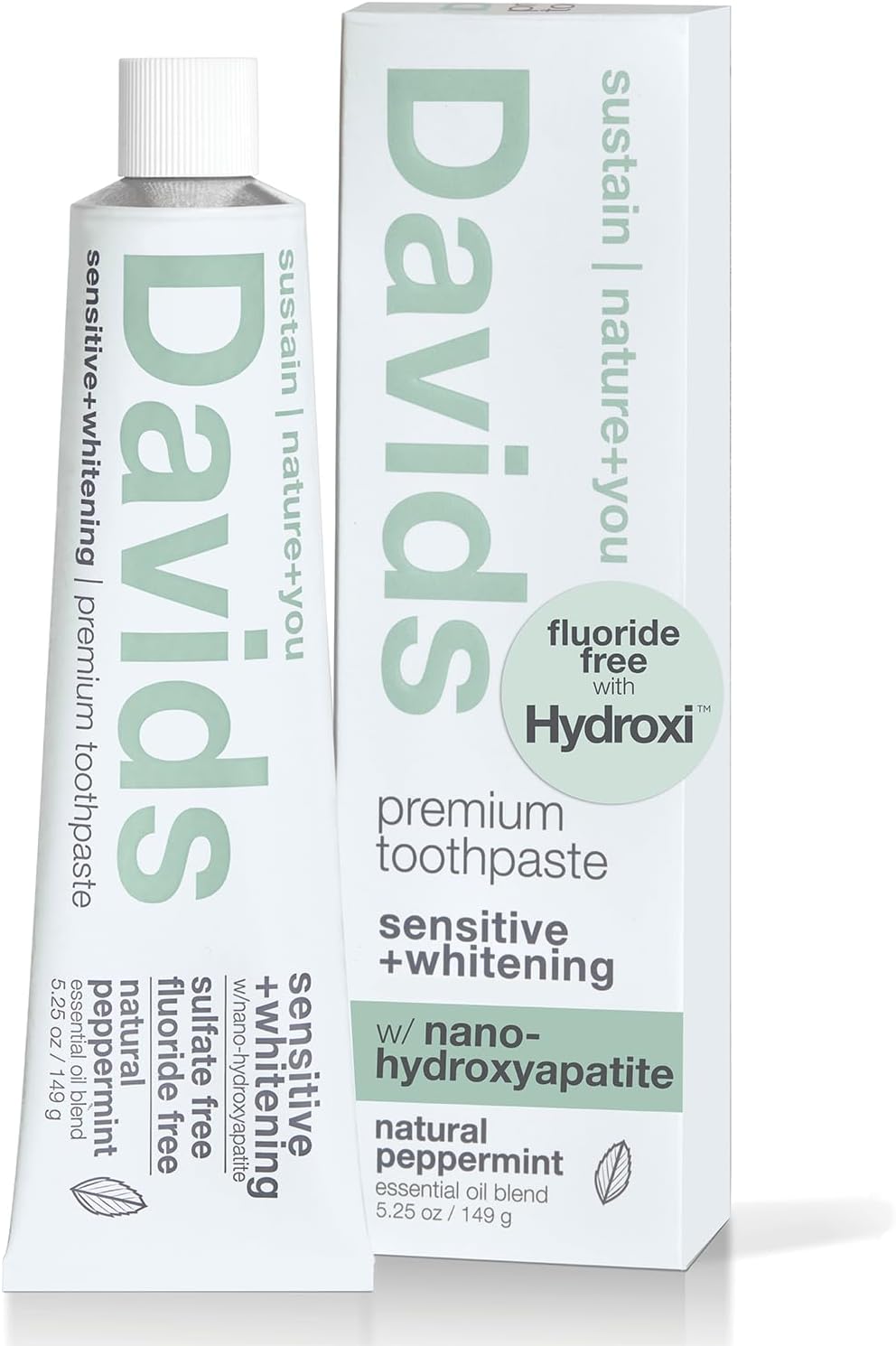 Davids Hydroxi Fluoride Free Nano Hydroxyapatite Toothpaste for Remineralizing Enamel & Sensitive Relief, Whitening, Antiplaque, SLS Free, Natural Peppermint, 5.25oz, Made in USA