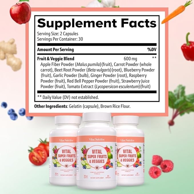 Vital Super Fruits & Veggies - Daily Superfood Capsules for Adults - Fruit & Vegetable Supplements to Boost Immunity & Energy - 2-in-1 Formula for Overall Wellness