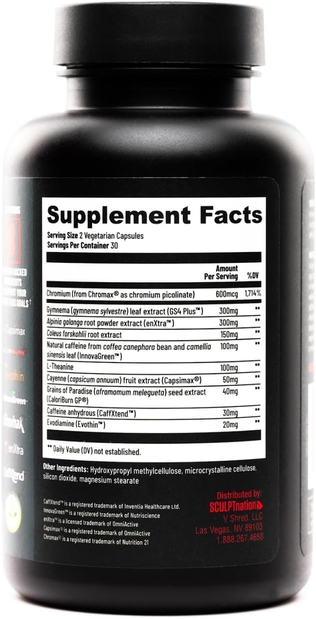 Sculpt Nation by V Shred - Daytime Metabolism Support with Chromium, Symnema Leaf Extract and Alpinia Galanga Root Powder Extract - 60 Natural Veggie Pills - 2 Pack