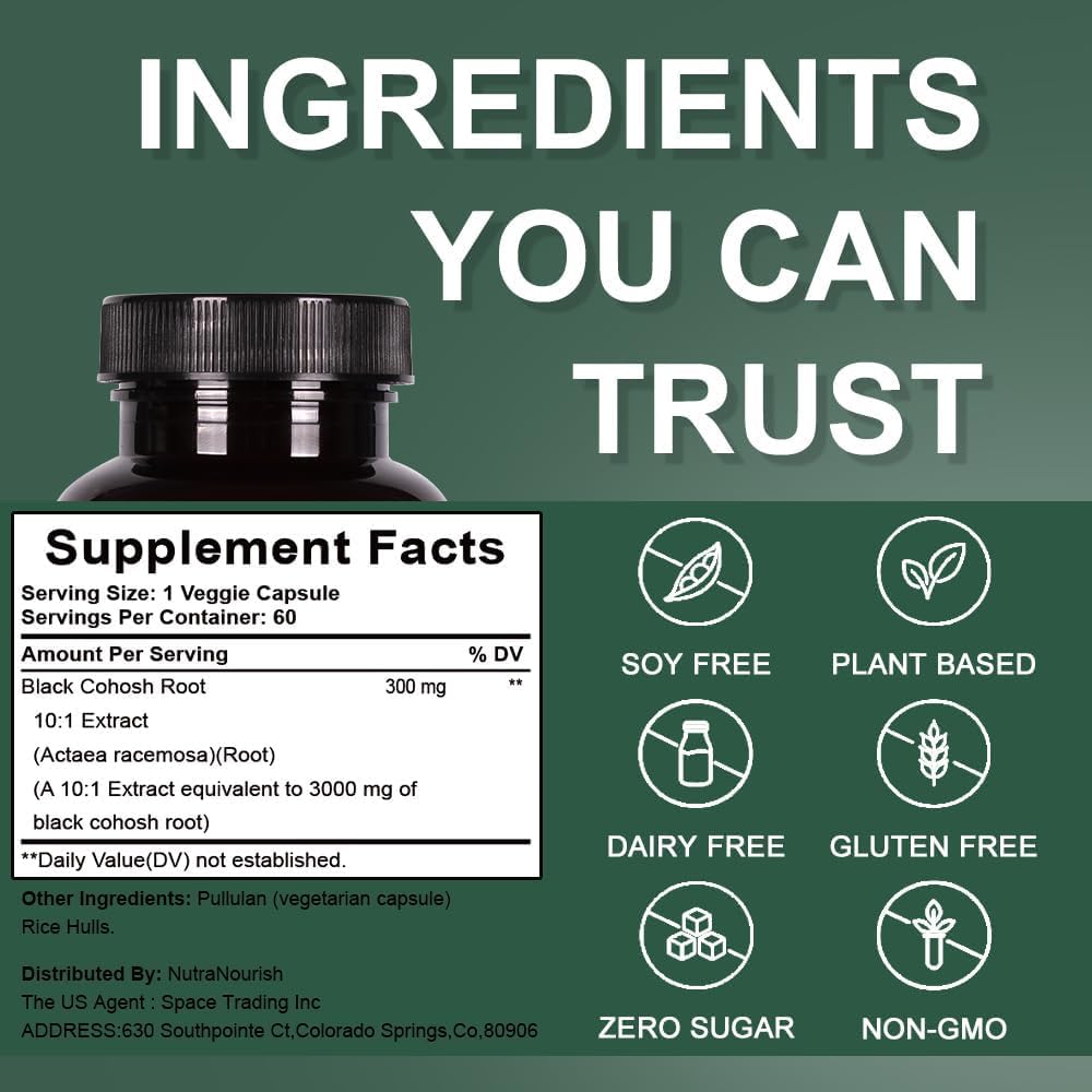 Black Cohosh Capsules,3000mg Strength,Black Cohosh Supplements for Women Menopause Hot Flashes,Non-GMO,60 Vegetarian Capsules