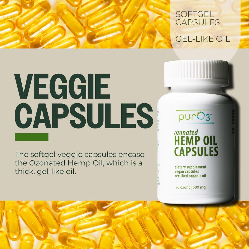 PurO3 Hemp Seed Oil Capsules - High Potency Pure Ozonated Oils for Immune Support & Wellness Benefits - Organic Oxygen Infused Supplement - 90 Veggie Softgels