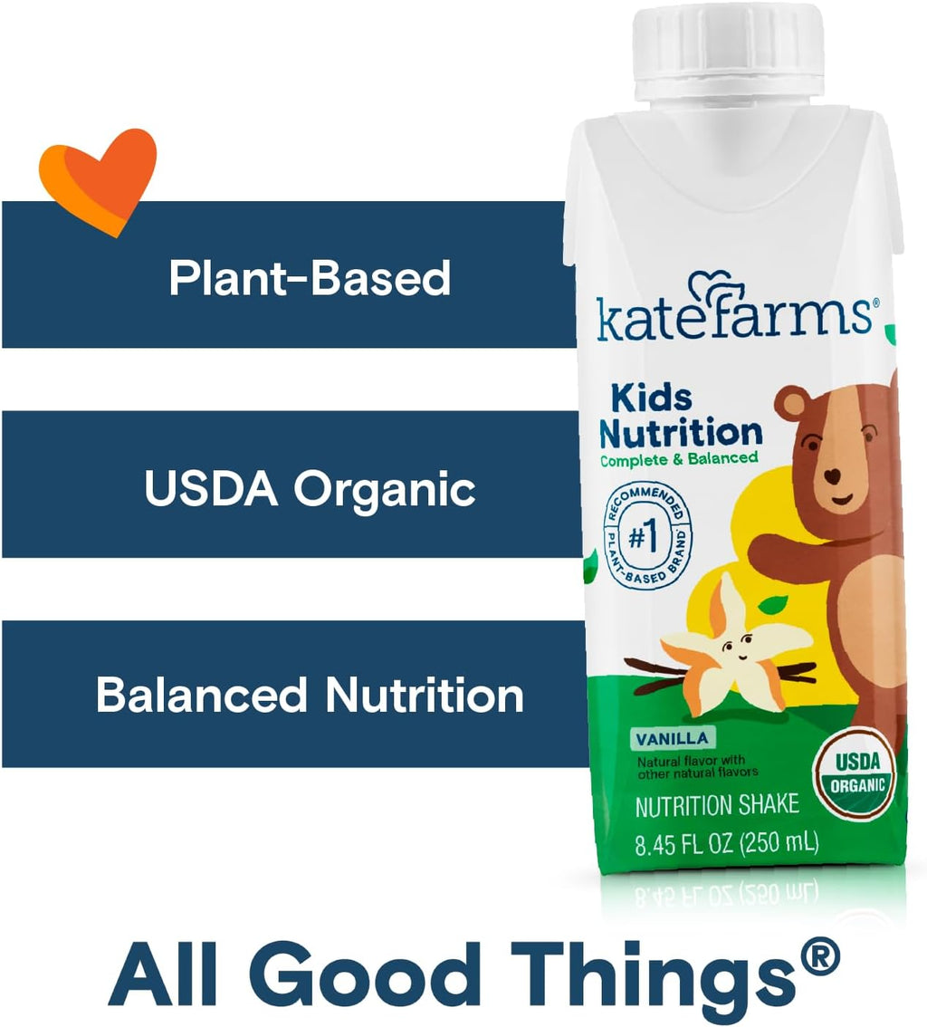 KATE FARMS Organic Kids Nutrition Vanilla Shake, 8g Protein, 27 Vitamins and Minerals, Meal Replacement, Gluten Free, Non-GMO, 8.45 oz (12 Pack)